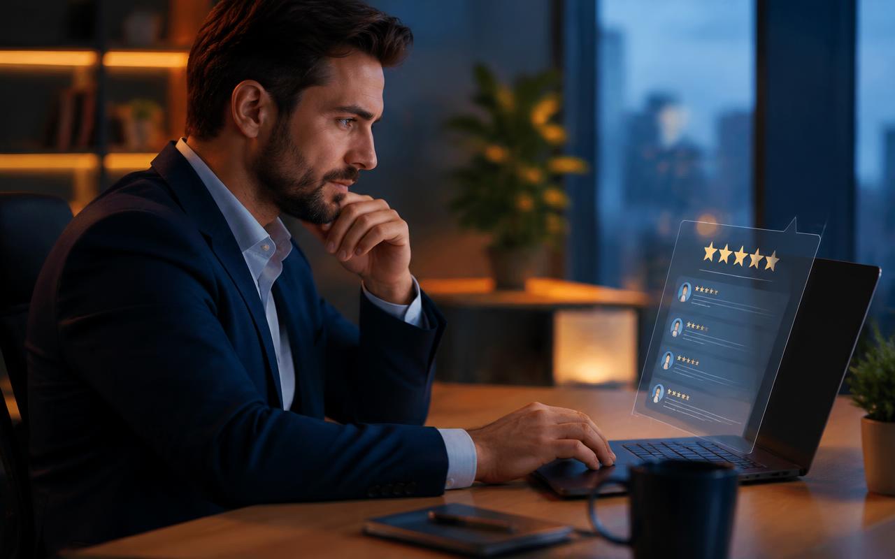 Consultant reviewing online reviews and brand mentions