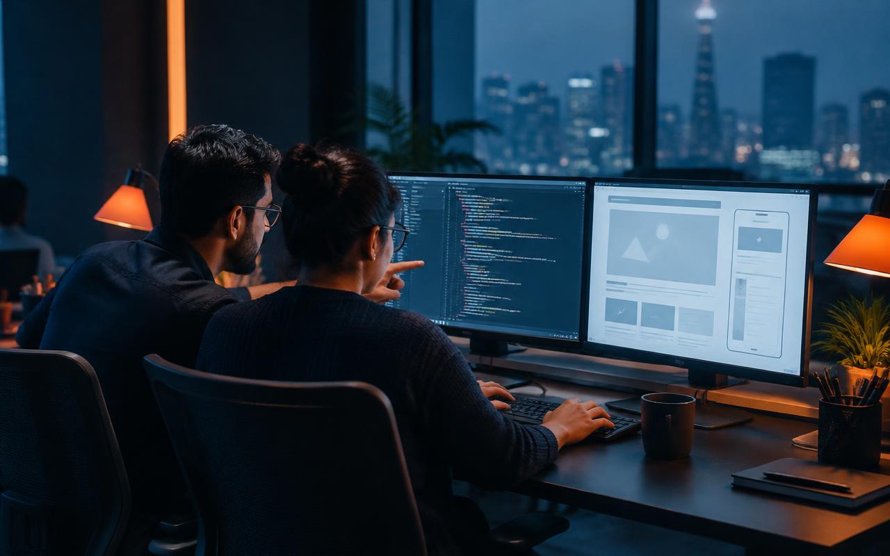 Developers building a mobile app on dual monitors
